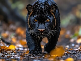 Wall Mural - a majestic black panther walks through a forest during autumn with dry leaves on the ground