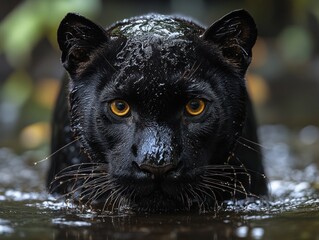 Wall Mural - black panther in a shallow body of water, looking straight to the camera at eye level