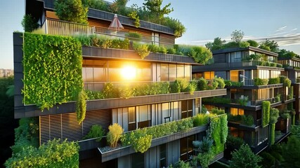 Poster - This stunning eco-friendly house showcases innovative architecture adorned with abundant vegetation, seamlessly integrating nature into urban living. The sunlight highlights the modern design.