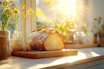 Wall Mural - A loaf of freshly baked bread on a wooden cutting board, with soft light illuminating its golden crust