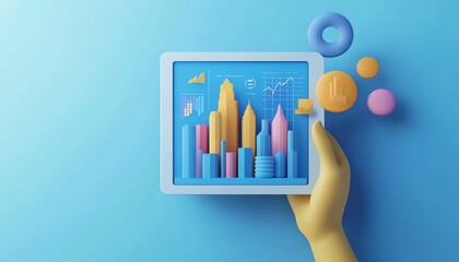 Poster - 3D hand holding a tablet displaying a city skyline and data charts, set on a simple blue background, symbolizing the integration of technology and smart cities
