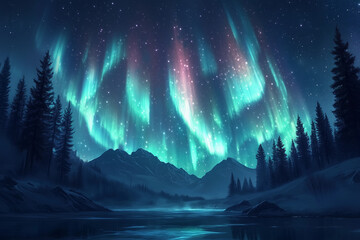 a painting of a mountain lake and a colorful aurora bore in the sky above it is a forest with trees and a stream