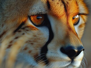 close-up shot of a cheetah's face showing the intricate patterns of fur and eye