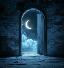 Canvas Print - An open door leading to the night sky with a crescent moon, creating an atmosphere of mystery and tranquility. 