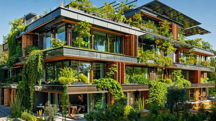 Aufkleber - This eco house showcases innovative architecture with floor-to-ceiling windows surrounded by abundant greenery.