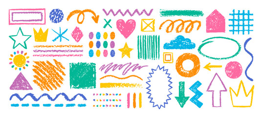 Aufkleber - Crayon pencil vector set. Color lines and shapes with brush texture. Doodle paint background with chalk hand drawn elements. Sketch kid scribble, abstract children bg. Crayon shape, arrow circle heart