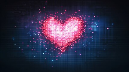 Wall Mural - Pixelated heart on a dark grid background with glowing particles for abstract themes