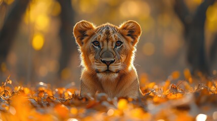 Wall Mural - a charming lion cub sits amid a bed of golden autumn leaves looking straight ahead