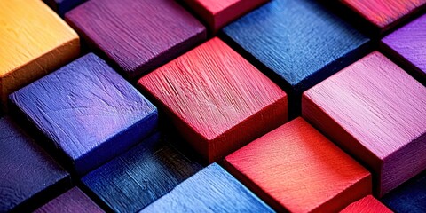 Poster - Close up of a colorful wooden block with a red square in the middle
