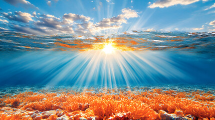 Poster - Underwater scene with vibrant coral and sun rays illuminating the ocean surface