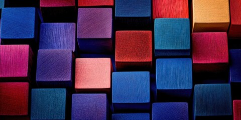 Poster - Colorful image of wooden blocks in various shades of blue, red, and purple