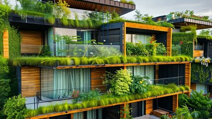 Poster - A modern housing complex features innovative design with lush greenery integrated into balconies and rooftops, promoting eco-friendly living. The structure harmonizes with its urban surroundings.
