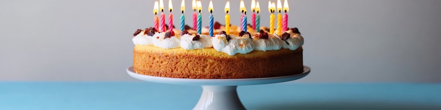 A beautiful sponge cake decorated with bright candles isolated on a soft blue background