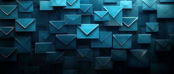 Poster - 3D rendering of digital blue envelopes on a dark background, representing messaging, communication networks, and postage services in the digital age