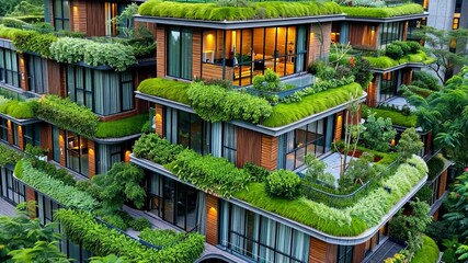 Poster - This eco house showcases a modern architectural design with multiple levels covered in vibrant greenery. The rooftop gardens create a harmonious blend with the surrounding nature.