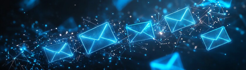 Poster - Futuristic 3D digital blue envelopes floating on a dark background, symbolizing communication, messages, and modern postage systems in a digital world