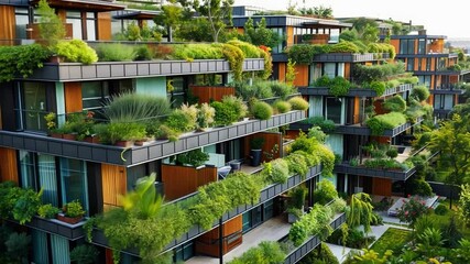 Poster - Modern houses featuring vibrant greenery on terraces create an eco-friendly environment in an urban location. These residences emphasize sustainable living through nature integration.