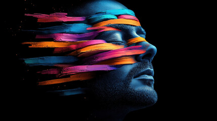 Poster - Hallucination, A surreal image of a human face transforming into colorful ribbons, showcasing high fidelity and artistic expression.