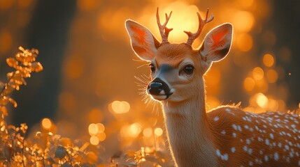 Wall Mural - A Deer in Golden Hour Light with Bokeh Background in a Forest Setting