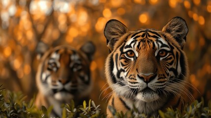 Wall Mural - two tigers in a forest with orange bokeh background with plants in front
