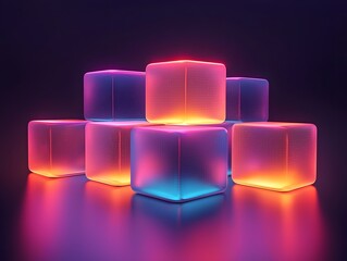 Poster - Vibrant Futuristic Glowing Cube Podium for Product Display Concept with Dark Grid Background