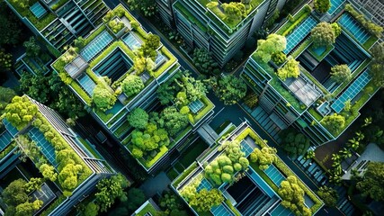 Poster - Aerial view of modern eco-houses adorned with abundant greenery and solar panels. This harmonious urban environment promotes sustainability and innovation in architecture amid nature.