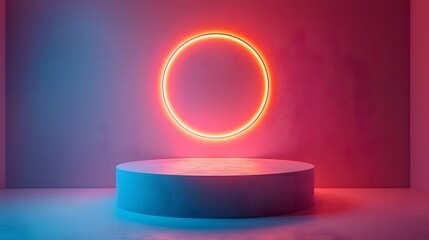 Poster - sleek acrylic podium under bright radiant ring light with gradient pastel background for product sho