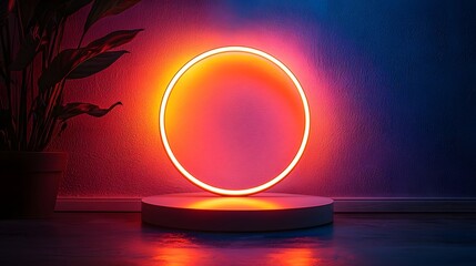 Poster - sleek acrylic podium under bright ring light with gradient pastel background for product display