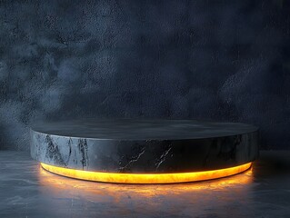 Poster - matte black podium in minimal studio setup with glowing ring lights and dark gradient background