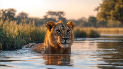 Wall Mural - A Majestic Lion cools off in a watering hole at golden hour in nature
