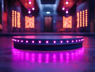 Poster - Futuristic Metallic Podium with Embedded LED Lights in High Tech Room with Glowing Holograms