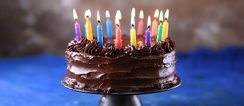 A stunning chocolate ganache cake with colorful candles set against a vibrant blue backdrop