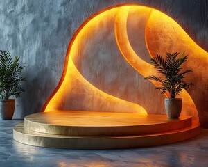 Poster - Elegant Brass Podium with Glowing Wall Backdrop for Product Display Concept