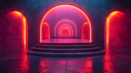 Poster - Vibrant Neon Lit Abstract Podium with Reflective Silver Surface for Product Display Concept
