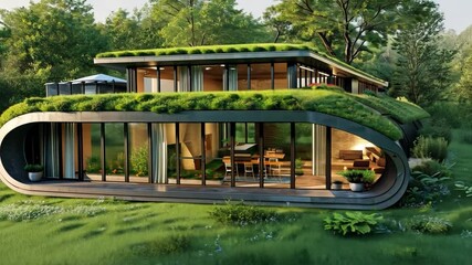 Aufkleber - A contemporary eco-house showcases innovative architectural design, featuring a green roof and large windows. It is set amidst lush greenery, creating a harmonious connection with nature.