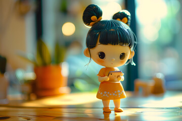 Aufkleber - Playful indoor setting: doll in orange dress standing on table and using smartphone