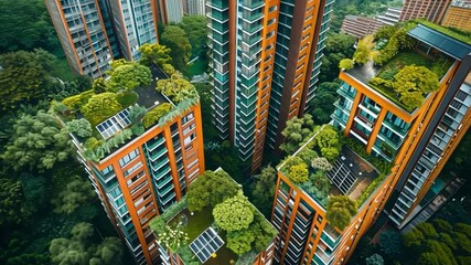 Poster - Tall buildings covered with greenery and solar panels rise above a rich landscape of trees. This urban environment showcases sustainable architecture in a modern cityscape.