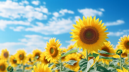 Wall Mural - Sunflower field with cloudy blue sky. Sunflower landscape