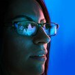 © master1305 - Close-up of woman wearing glasses reflecting bar charts and financial analytics, symbolizing technology and business decision-making. Concept of business, finance, investment, planning