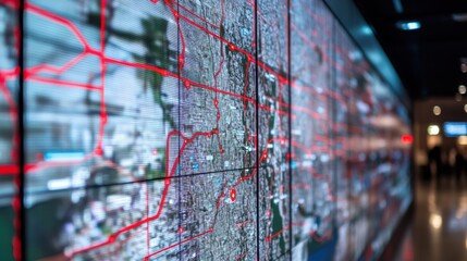 Aufkleber - Large screen displaying detailed city map with highlighted routes in a modern control room, suggesting advanced monitoring and urban planning activities