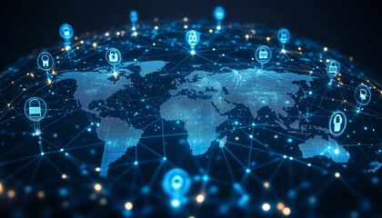 Fototapete - 3D rendering of digital graphic user icons connected by lines on a dotted world map globe, representing personal data and people connection concept on abstract dark blue background