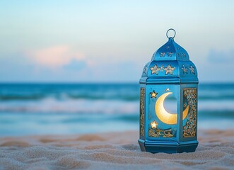 Wall Mural - Arabic lantern of Ramadan on the beach with crescent moon and star, copy space for text, stock photo background