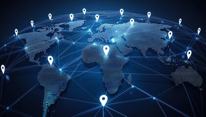 Fototapete - 3D rendering of digital graphic user icons connected by lines on a dotted world map globe, representing personal data and people connection concept on abstract dark blue background
