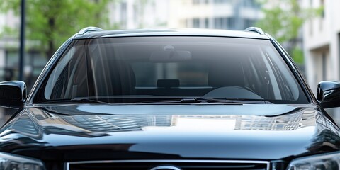 Wall Mural - Front windshield of a black car clean and clear close up outdoors, offering a broad canvas for mockup