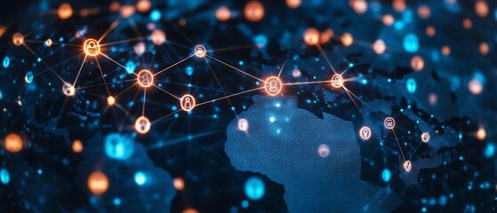 Fototapete - 3D rendering of digital user icons linked by lines across a dotted world map globe, representing global people connection and personal data exchange, dark blue abstract background