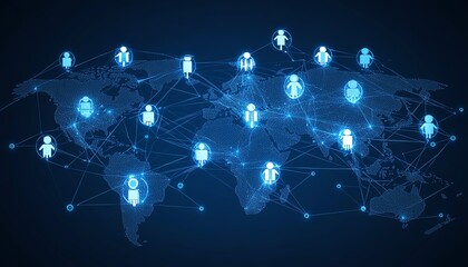 Fototapete - 3D rendering of personal data and people connection with digital user icons linked by lines on a dotted world map globe, abstract dark blue background design