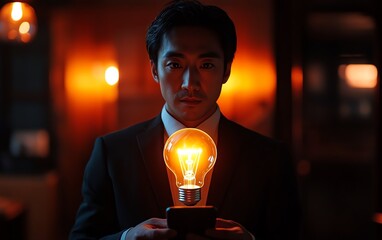 Poster - Businessman holding a smartphone with a glowing digital lightbulb hologram, symbolizing innovation and technology concept, futuristic design