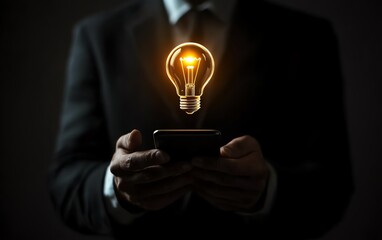 Poster - Businessman holding a smartphone with a glowing digital lightbulb hologram, symbolizing innovation and technology concept, futuristic design