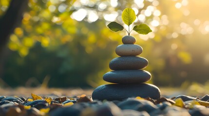 stacked stones with budding plant on top, surrounded by sunlight and autumn leaves. symbol of balanc