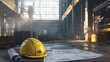 © Thanos - Yellow hard hat and blueprints on a wooden table in a construction site.